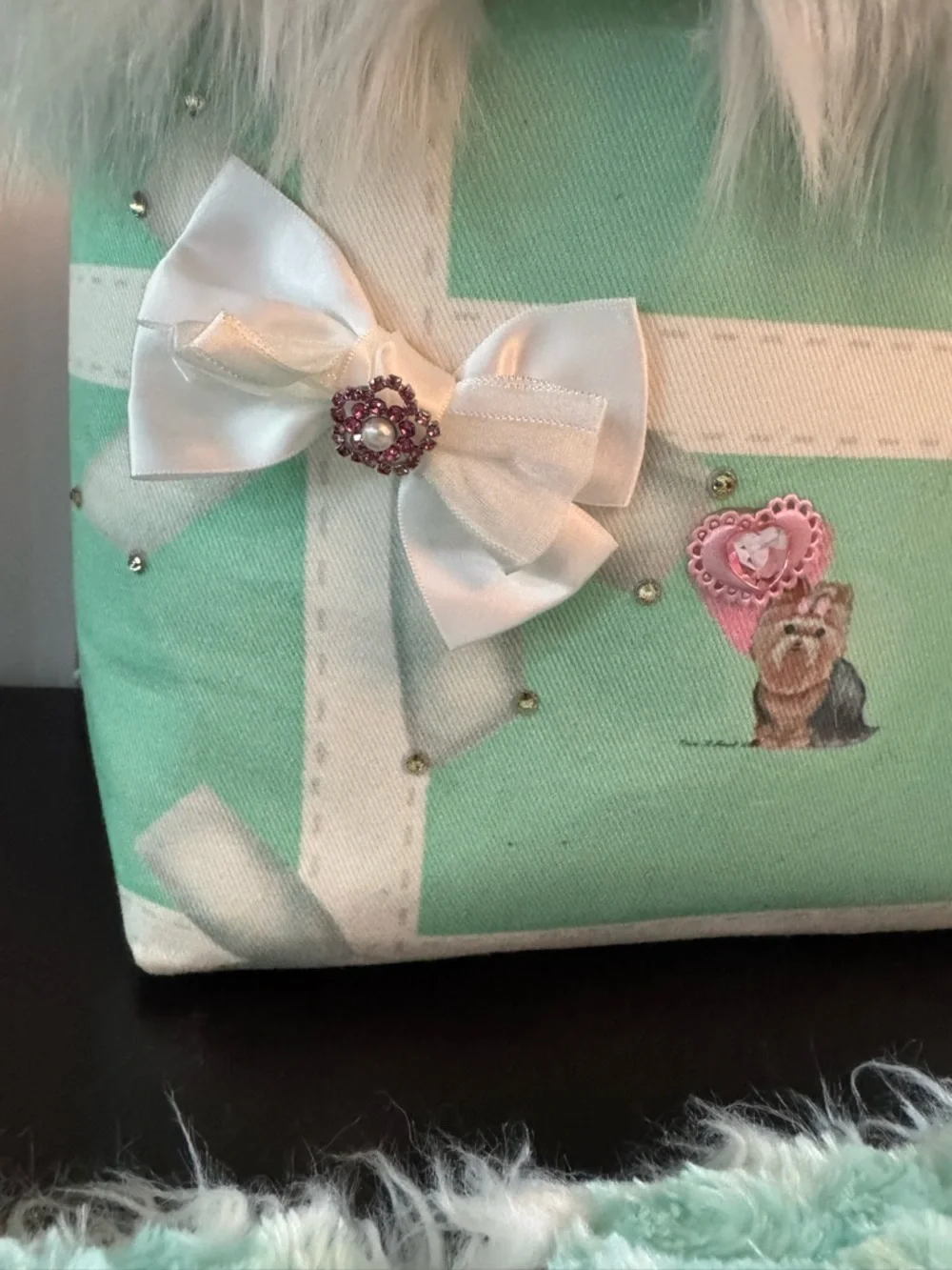Mint Green Faux Fur Pet Carrier Bag & Matching Blanket
